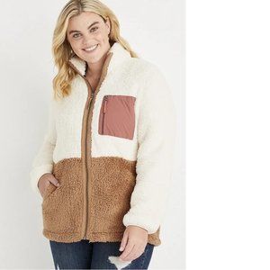 Maurices Color block Sherpa Neutral Zip Up Jacket Sweatshirt Women's Medium